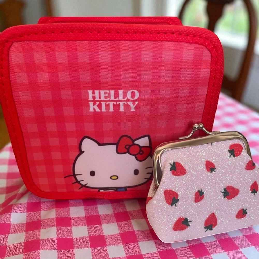 SANRIO Hello Kitty Red Storage Cube & Unbranded Strawberry Kiss Lock Pouch NWOT